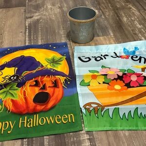 Decorative Halloween and Garden Flags -Pumpkin & Floral Designs & Planter